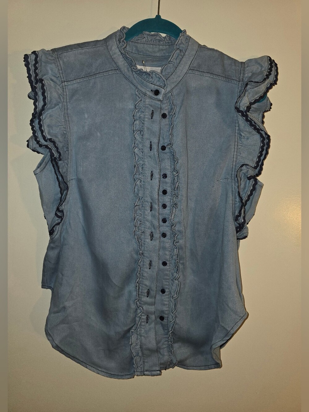 The Shirt Ruffled Chambray Sleeveless Top - Light Blue